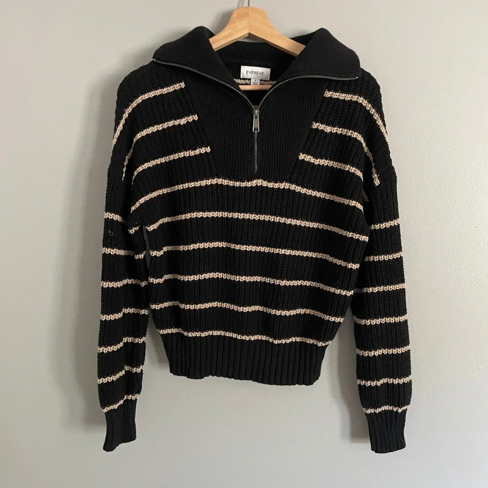 Evereve Striped Quarter Zip Sweater Womens Small Black Cream Chunky Knit Preppy